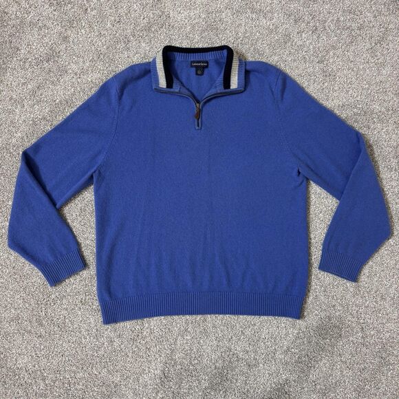 Lands' End Sweater Mens Large Blue 100% Cashmere Quarter Zip Pullover Mock Neck